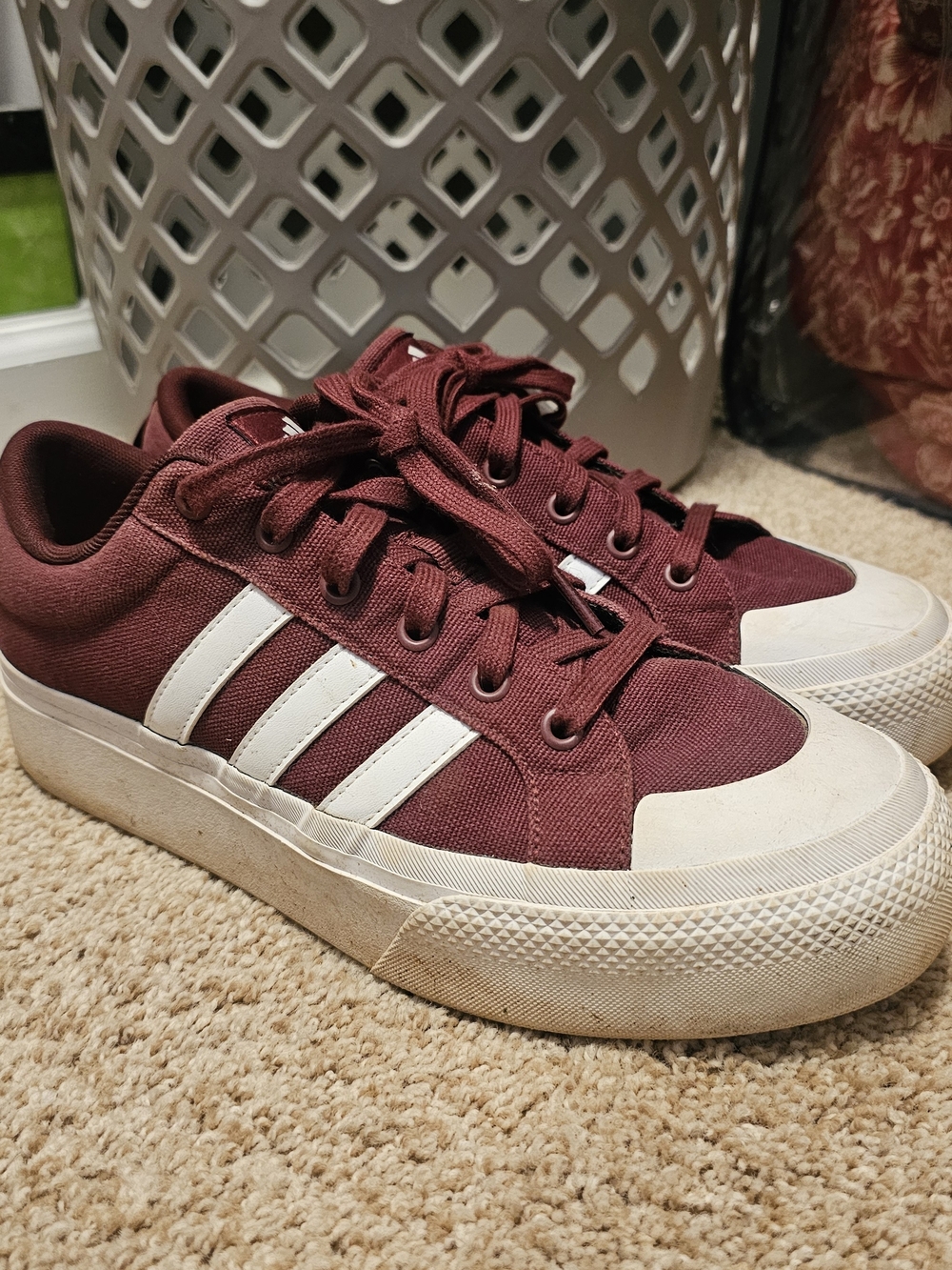 adidas Maroon Low-Top Sneakers with White Three-Stripes